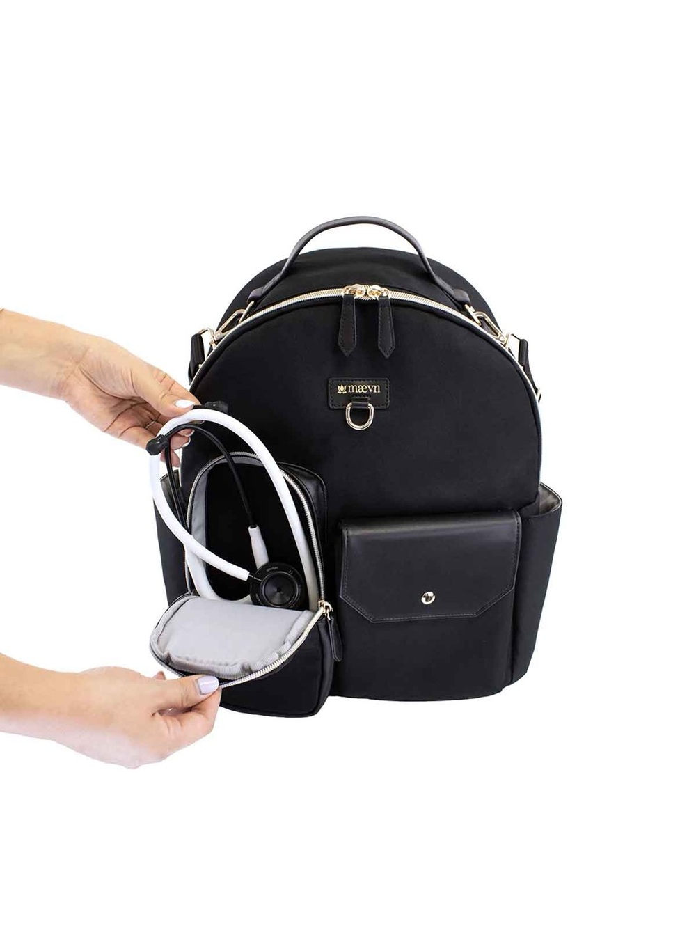 Maevn nurse utility backpack with stethoscope pocket black gold